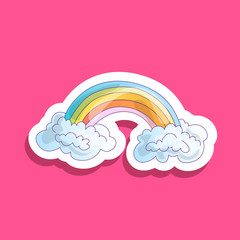 Color Rainbow With Clouds. Cute cartoon rainbow in blue clouds sticker, on pink background