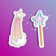 Cute cartoon sticker magic wand and launching star, falling star, cartoon girl fashion illustration. Cute vector illustration of star and magic wand for little girl and princess
