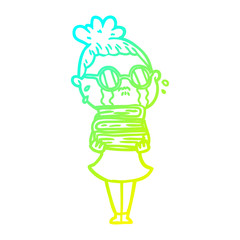 cold gradient line drawing cartoon crying woman wearing spectacles