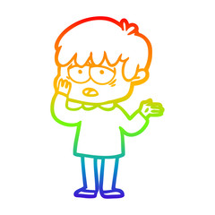 rainbow gradient line drawing cartoon exhausted boy