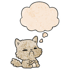 cartoon angry cat and thought bubble in grunge texture pattern style
