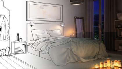 Contemporary Bedroom Arrangement by Night (drawing) - 3d visualization