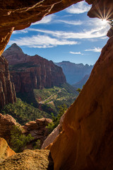 Sunset looking over Zion Canyon and winding road