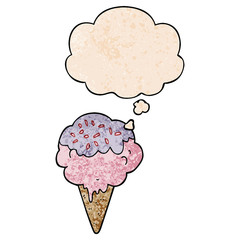 cartoon ice cream and thought bubble in grunge texture pattern style