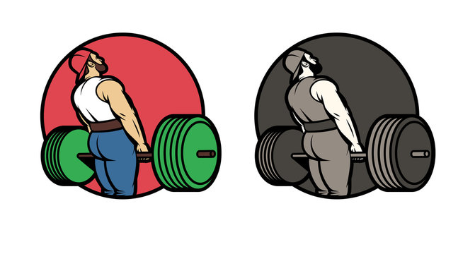 Vector set of logos for the sport club in color and black and white. Design stickers, movies, logo athlete with a barbell. Isolated logo man raises barbell view from the back