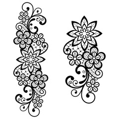 Retro lace vector single pattern in black, ornamental design with flowers and swirls, detailed lace motif on white background