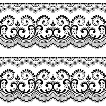 Victorian lace seamless design, black and white old fashioned repetitive design with flowers and swirls