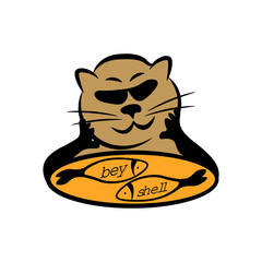 Pensive cat with fish in a dish on a white background.