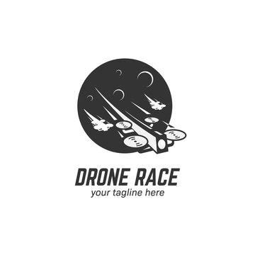FPV Drone race racing logo icon illustration with moon background and another drone silhouette