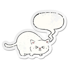 cartoon angry cat and speech bubble distressed sticker