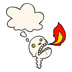 cartoon spooky halloween skull and thought bubble in comic book style