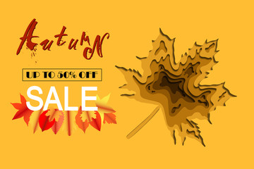 Autumn sale and orange gradient maple leaf background layered effect in paper cut style. Autumn and Sale lettering and yellow orange red leaves with shadow. Vector illustration 