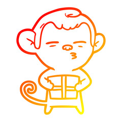 warm gradient line drawing cartoon suspicious monkey with present