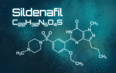 Chemical formula of Sildenafil on a futuristic background