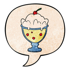 cartoon tasty dessert and speech bubble in retro texture style