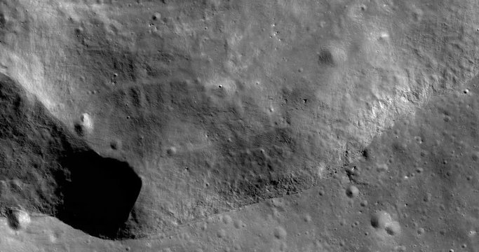 Medium-altitude overflight aerial of Harpalus Crater, Sinus Roris. LAT  53.02 LONG 316.27. Clip loops and is reversible. Elements of this image furnished by NASA