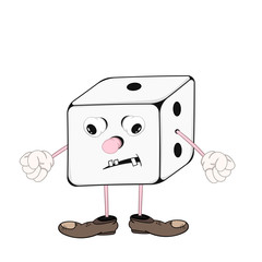 Funny cartoon dice with eyes, hands and feet in shoes experiencing anger emotion.