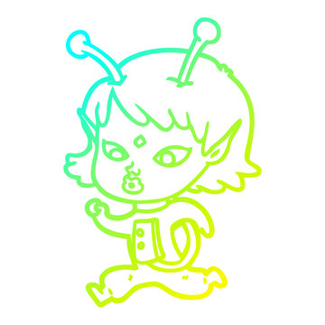 cold gradient line drawing pretty cartoon alien girl running