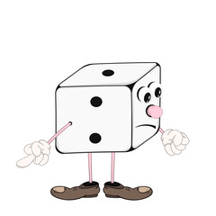 Funny cartoon dice with eyes, hands and feet in shoes thoughtfully trying to count the number on the fingers.