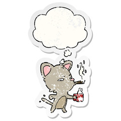 cartoon cat with coffee and cigar and thought bubble as a distressed worn sticker