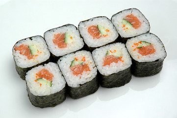 Sushi rolls on a white plate. Closeup of delicious japanese food sushi roll.