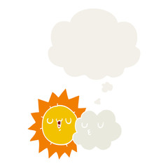 cartoon sun and cloud and thought bubble in retro style