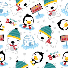 Seamless pattern with polar bear cartoon and cute penguin