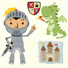 Knight and dragon cartoon with little castle