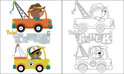 coloring book or page of tow truck cartoon with funny driver