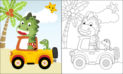 coloring book or page of dino cartoon on truck at summer holiday