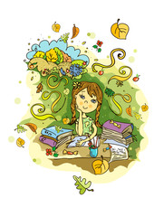 The girl sits at the table dreams, writes poetry, thinks. Children's illustration, cartoon style. Schoolgirl doing homework. On the table are books, pencils. Autumn, summer day.