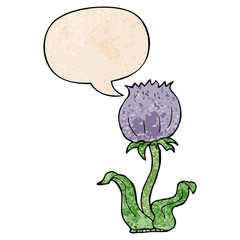 cartoon wild flower and speech bubble in retro texture style