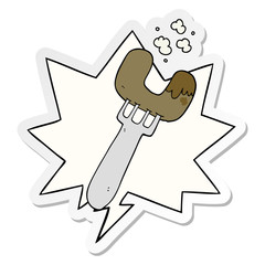 cartoon sausage on fork and speech bubble sticker