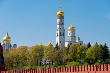 Fototapeta na wymiar Moscow, Russia - May 6, 2019: View of the Moscow Kremlin, the Assumption Belfry and cathedrals on Cathedral Square on a summer day
