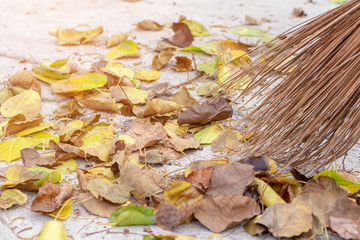 Sweeping dry leaves with broom.Autumn, fall season.Sweep the leaves, sweep people, clean the garden.Maintenance worker in park garden cleans the roads