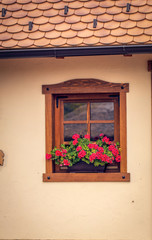 Old brown wooden window with flowers.