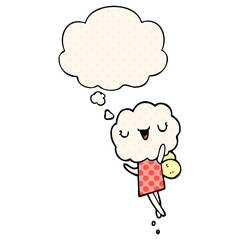 cute cartoon cloud head creature and thought bubble in comic book style