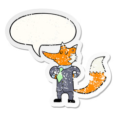 cartoon fox businessman and speech bubble distressed sticker