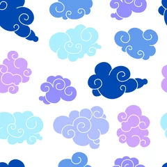 Selbstklebende Fototapeten Funny cartoon seamless pattern of clouds of different shapes with beautiful curves and shapes. Blue colors on a white background is perfect for a children's print and to create flat style illustra © Kamila Bay