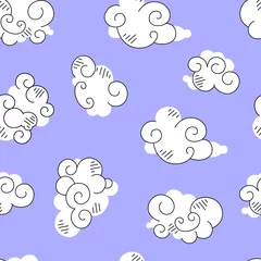 Behangcirkel Seamless pattern of flat vector clouds with black outline. White round-shaped clouds with curlicues isolated on blue BG. Can be used for children's prints, banners, posters, scrapbooking, zine, web BG © Kamila Bay
