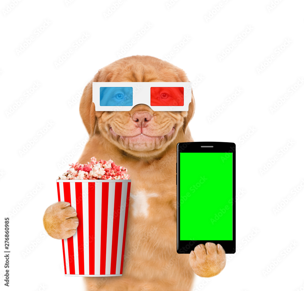 Poster smiling puppy in 3d glasses holding popcorn basket and smartphone. isolated on white background