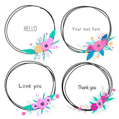 Set of beautiful round frames with flower for decoration. Decorative element for wedding card. Invitations Vector illustration.