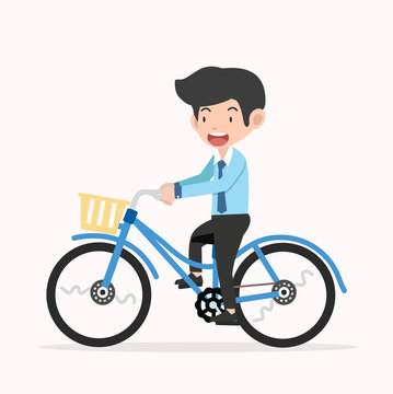 Businessman riding on a blue retro bicycle
