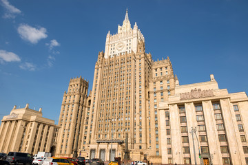 Fototapeta na wymiar Moscow, Russia - May 6, 2019: High-rise building of the Ministry of Foreign Affairs of Russia. Smolenskaya-Sennaya Square, 32/34 on a spring day