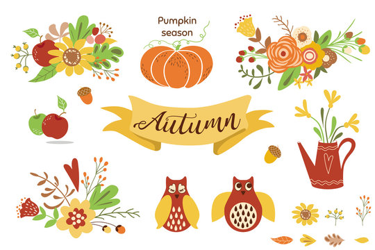 Autumn floral set. Colorful floral elements for fall floral clipart Flowers owl pumpkin apple floral bouquet vector