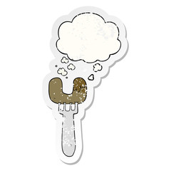 cartoon sausage on fork and thought bubble as a distressed worn sticker