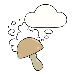 cartoon mushroom with spore cloud and thought bubble