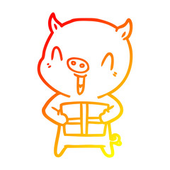 warm gradient line drawing happy cartoon pig with xmas present