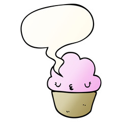 cartoon cupcake and face and speech bubble in smooth gradient style