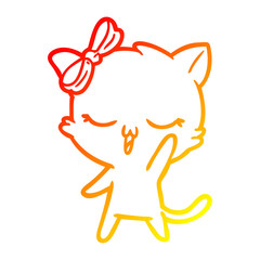 warm gradient line drawing cartoon cat with bow on head waving